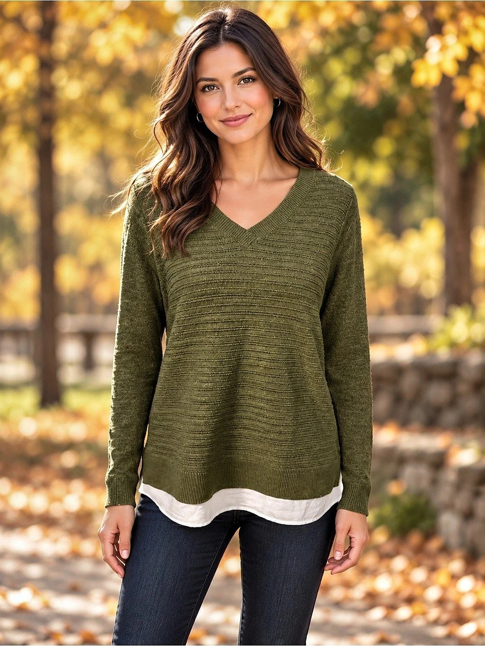 383) Hilary Radley V-Neck Layered Hem Knit Sweater Green & White Small